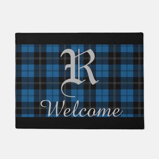 Blue Plaid Personalised Name Doormat (Front)