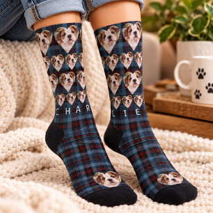 Blue Plaid Pet Photo Name Christmas Socks