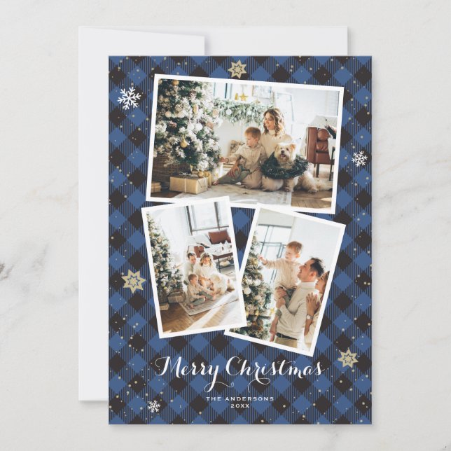 Blue Plaid Photo Collage Merry Christmas Cards (Front)