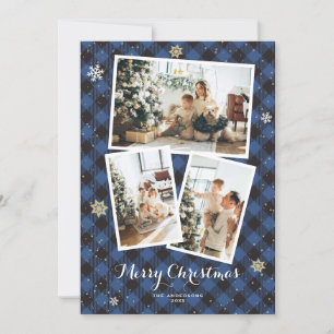 Blue Plaid Photo Collage Merry Christmas Cards