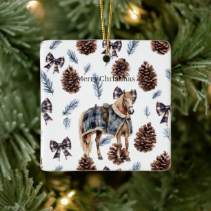 Blue Plaid Pine Cones Bows Horse Christmas Ceramic Ornament