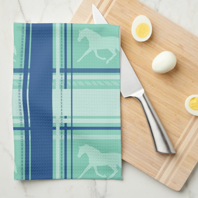 Blue Plaid Pony Pattern Tea Towel (Quarter Fold)