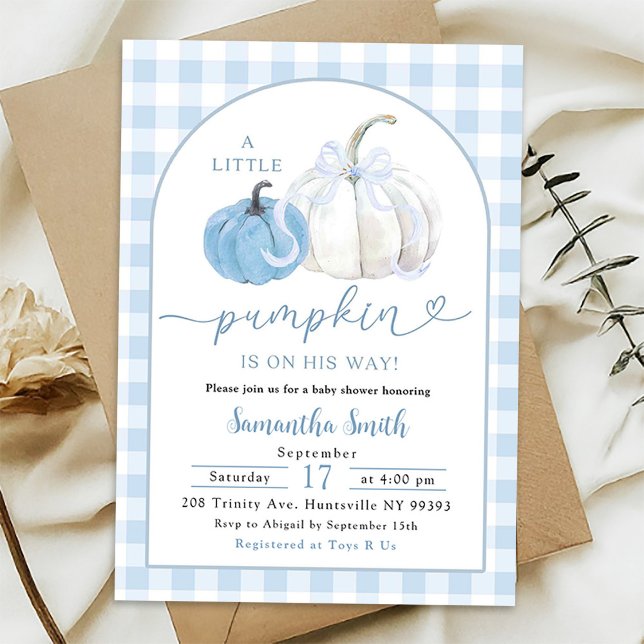Blue Plaid Preppy Pumpkin Boy Baby Shower Invitation (Creator Uploaded)