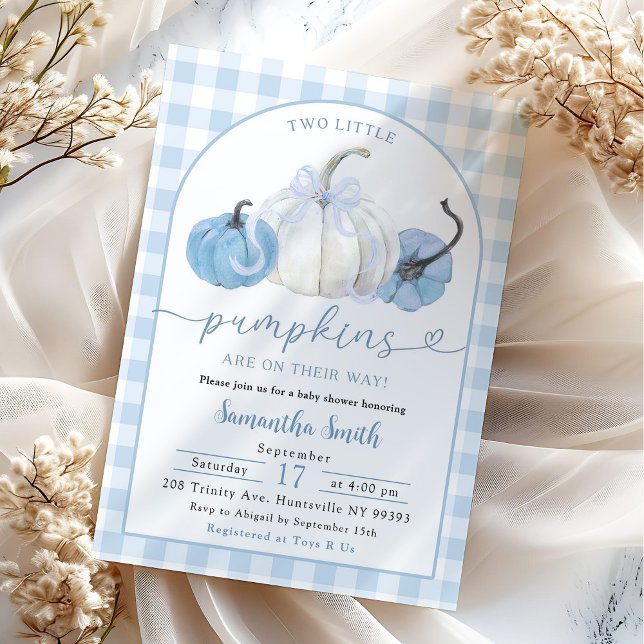 Blue Plaid Preppy Pumpkin Boy Twins Baby Shower Invitation (Creator Uploaded)
