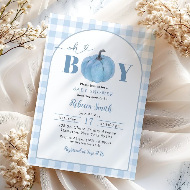 Blue Plaid Preppy Pumpkin Oh Boy Baby Shower Invitation (Creator Uploaded)