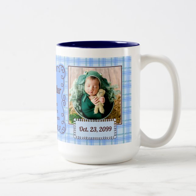 Blue Plaid Proud Grandfather 2 Photo Two-Tone Coffee Mug (Right)