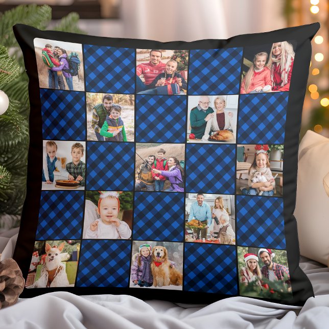 Blue Plaid Quilt Personalised 13 Photo Collage Cushion (Creator Uploaded)