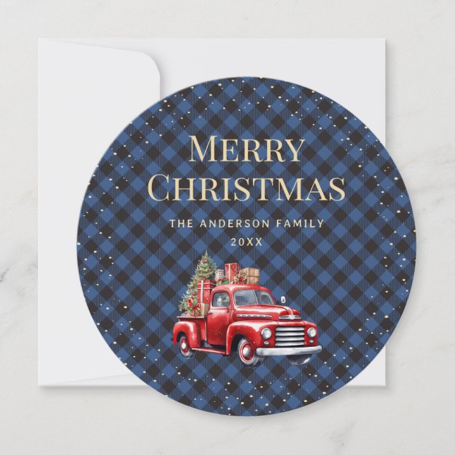Blue Plaid Red Truck Snow Merry Christmas Card (Front)