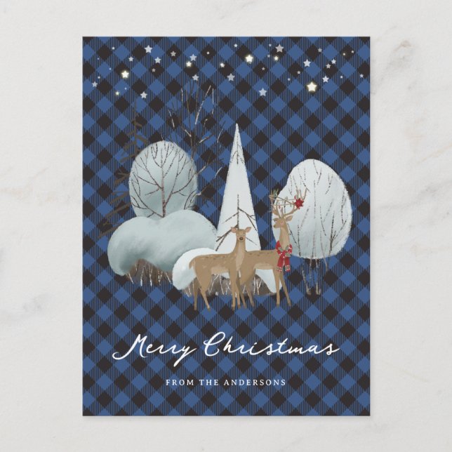 Blue Plaid Reindeer Christmas Holiday Postcard (Front)