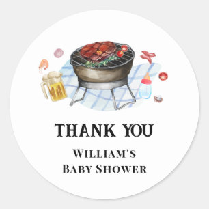 Blue Plaid Retro Country Baby Q Baby Shower Classic Round Sticker