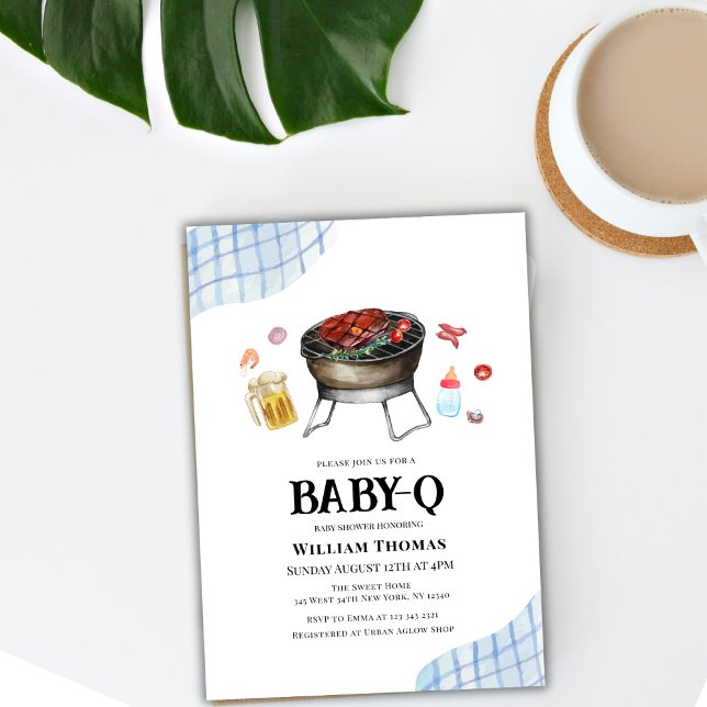 Blue Plaid Retro Country Baby Q Baby Shower Invitation (Blue Plaid Retro Country Baby Q Baby Shower Invitation)