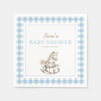 Blue Plaid Rocking Horse Baby Shower Napkin