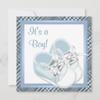 Blue Plaid Shoes Black Blue Plaid Baby Boy Shower Invitation