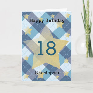 Blue Plaid Silver Stars 18th Birthday Card