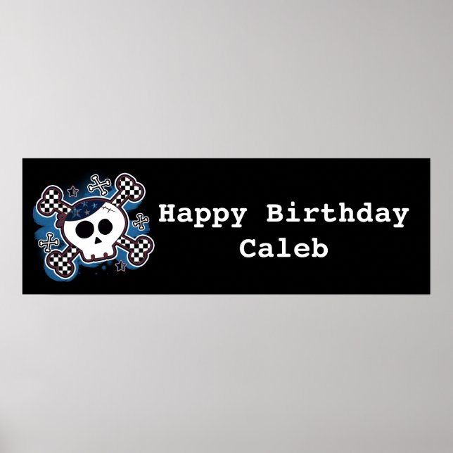 Blue Plaid Skull & Bones Birthday Party Banner Poster (Front)