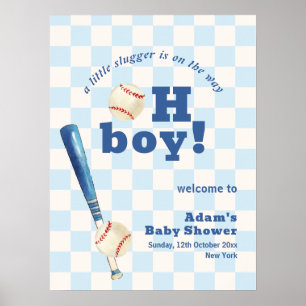 Blue Plaid Slugger Baseball Baby Shower Welcome  Poster