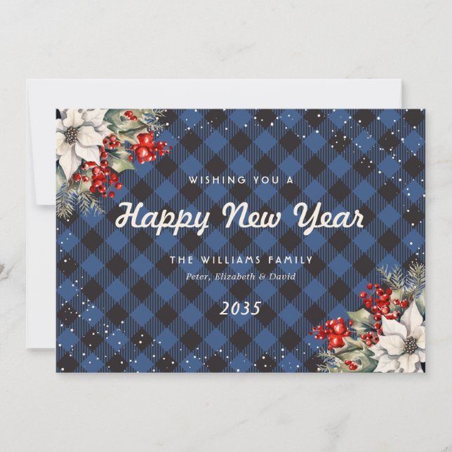 Blue Plaid Snow Botanical New Year Card (Front)