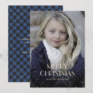 Blue Plaid Snow Photo Christmas Cards