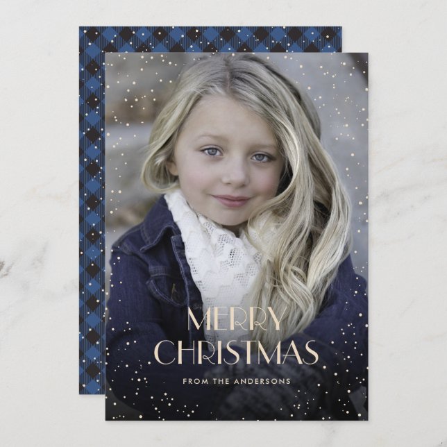 Blue Plaid Snow Photo Christmas Cards (Front/Back)