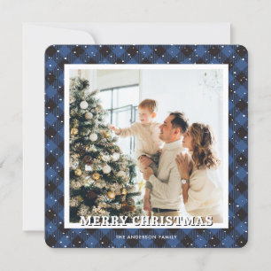 Blue Plaid Snow Photo Merry Christmas Card