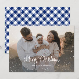 Blue Plaid Snow Photo Merry Christmas Card