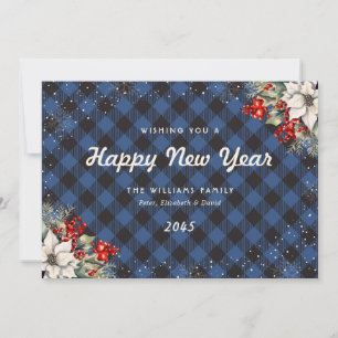 Blue Plaid Snowflake Botanical New Year Card