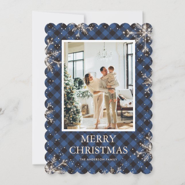 Blue Plaid Snowflake Photo Merry Christmas Holiday Card (Front)