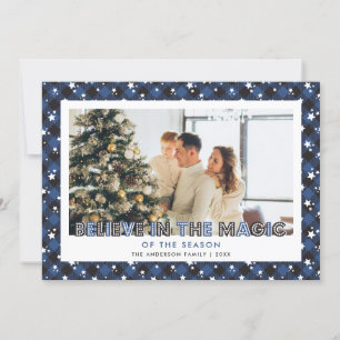 Blue Plaid Stars Believe Photo Christmas Card