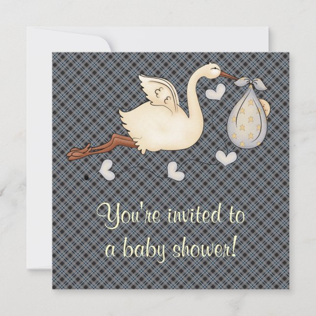 Blue Plaid Stork Baby Boy Shower Invitation (Front)