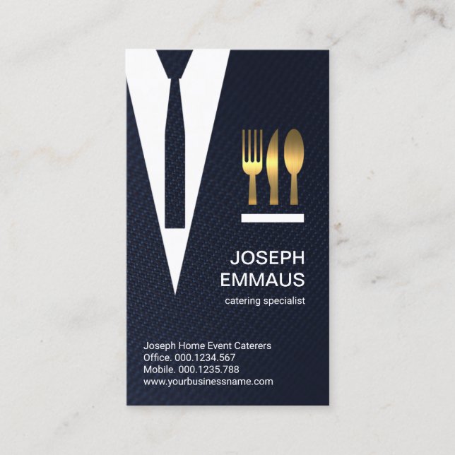Blue Plaid Stripes Suit Tie Gold Cutlery Caterer Business Card (Front)