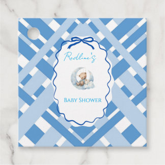 Blue Plaid Teddy Bear & Ribbon Boy Baby Shower Favour Tags