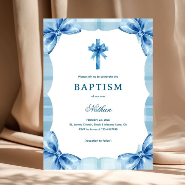 Blue Plaid Watercolor Bows & Cross Boy Baptism Invitation (Watercolor Blue Baptism Invitation. Perfectly blending traditional faith with a modern "coquette" ae)