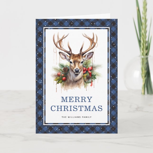Blue Plaid Watercolor Deer Merry Christmas Holiday Card (Front)