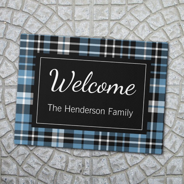 Blue Plaid Welcome Monogrammed Family Name  Doorma Doormat (Creator Uploaded)