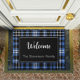 Blue Plaid Welcome Monogrammed Family Name Doormat