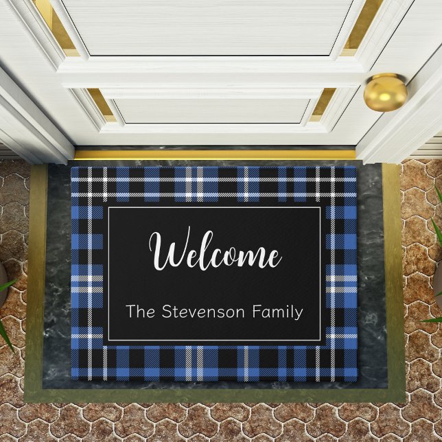 Blue Plaid Welcome Monogrammed Family Name  Doormat (Creator Uploaded)