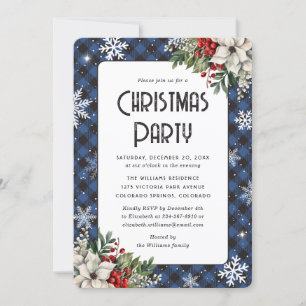 Blue Plaid Winter Botanicals Christmas Party Invitation