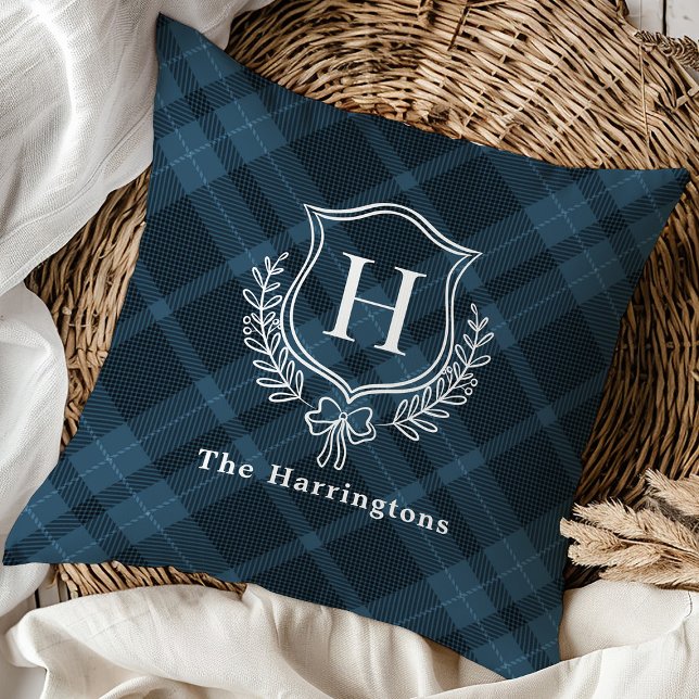 Blue Plaid Winter Monogram Crest Initial Cushion (Creator Uploaded)
