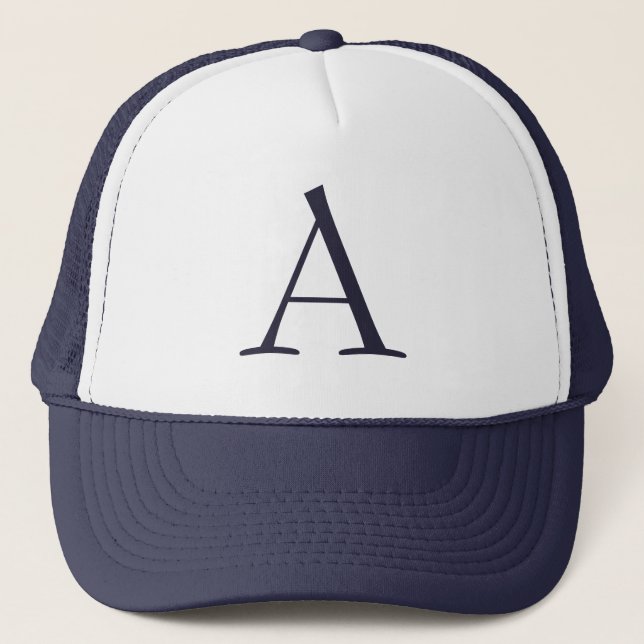 Blue Plain Elegant Modern Monogram Initial Trucker Hat (Front)