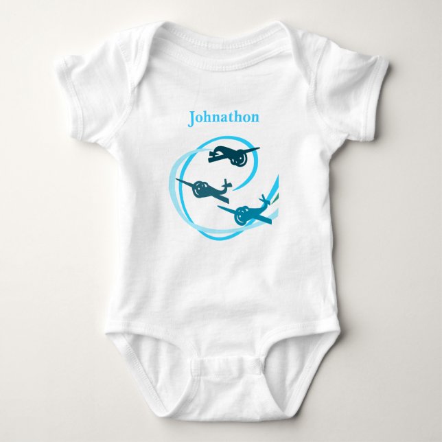 Blue planes with swirling vapour trails baby bodysuit (Front)