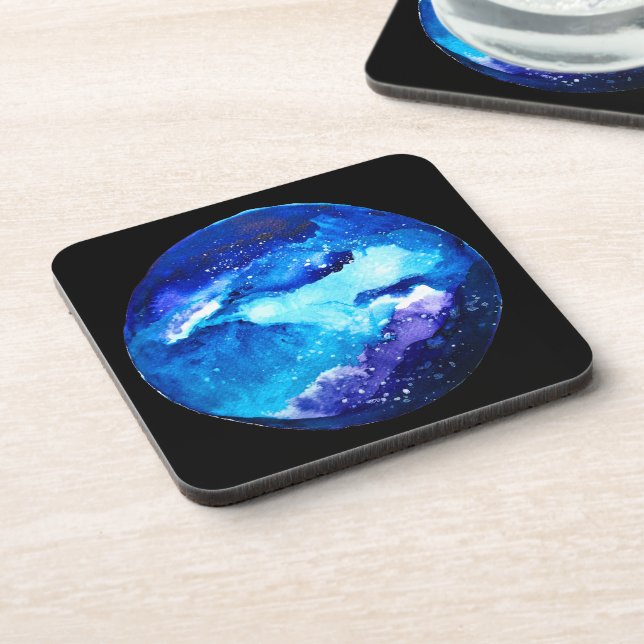 Blue planet nebula galaxy watercolor coaster (Left Side)