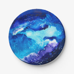 Blue planet nebula galaxy watercolor paper plate