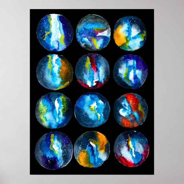 Blue planet nebula galaxy watercolor poster (Front)