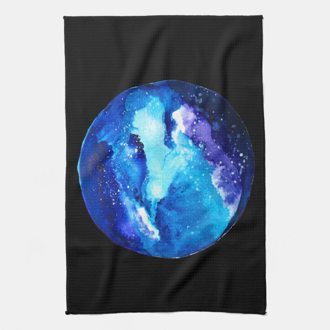 Blue planet nebula galaxy watercolor tea towel (Vertical)