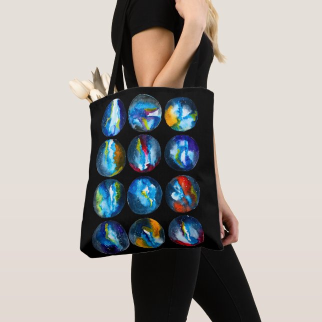 Blue planet nebula galaxy watercolor tote bag (Close Up)