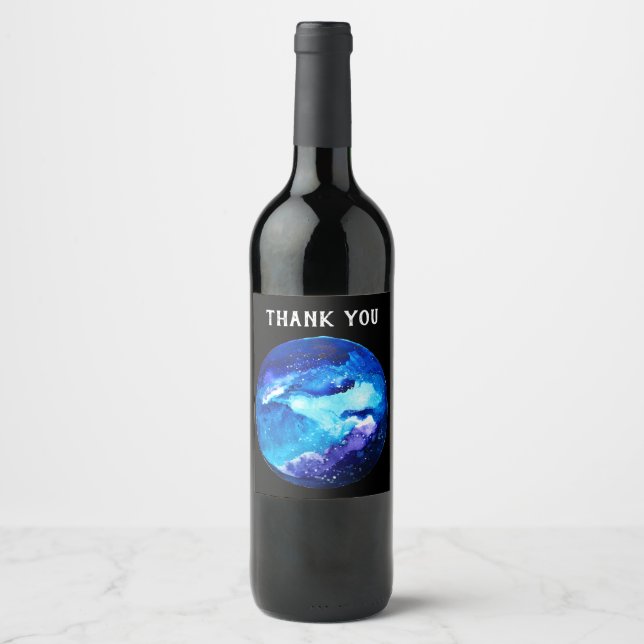 Blue planet nebula galaxy watercolor wine label (Front)