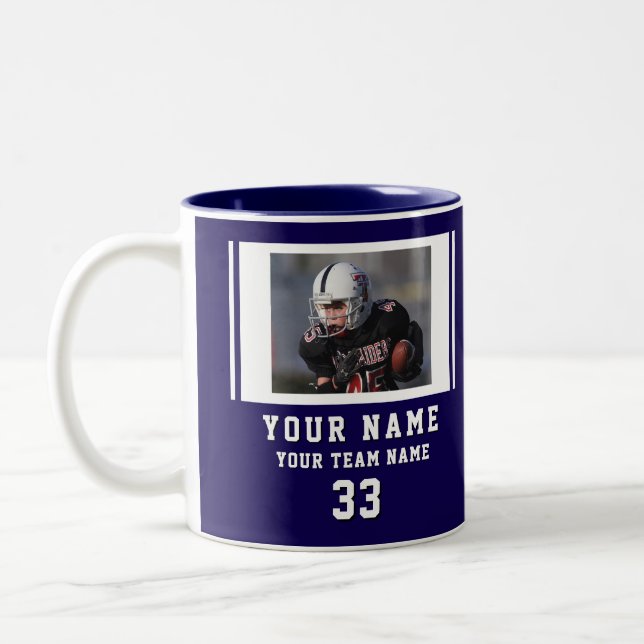 Blue Player Name Number Team Photo Two-Tone Coffee Mug (Left)