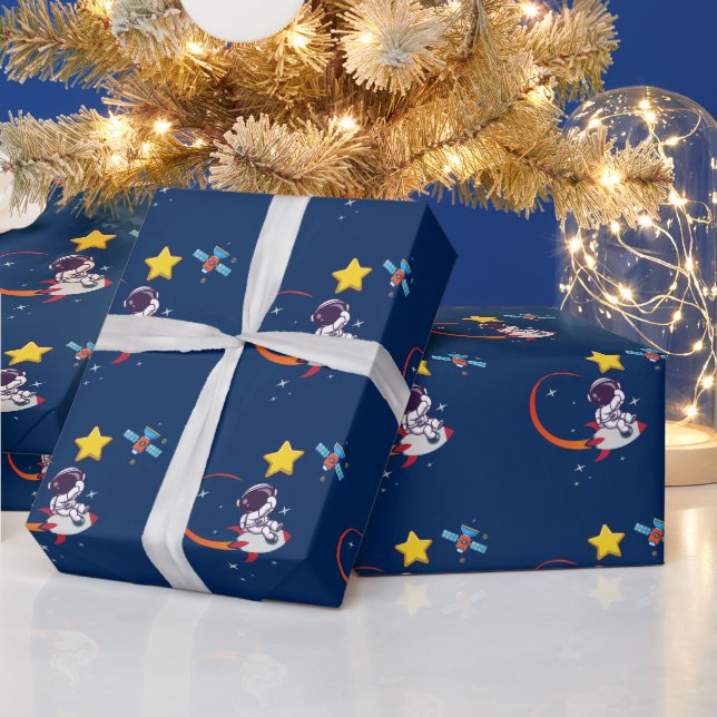 Blue Playful Outer Space Astronaut Rocket Birthday Wrapping Paper (Holidays)