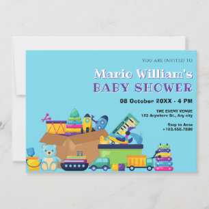 Blue playful toys baby baby shower invitation