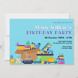 Blue playful toys baby birthday invitation